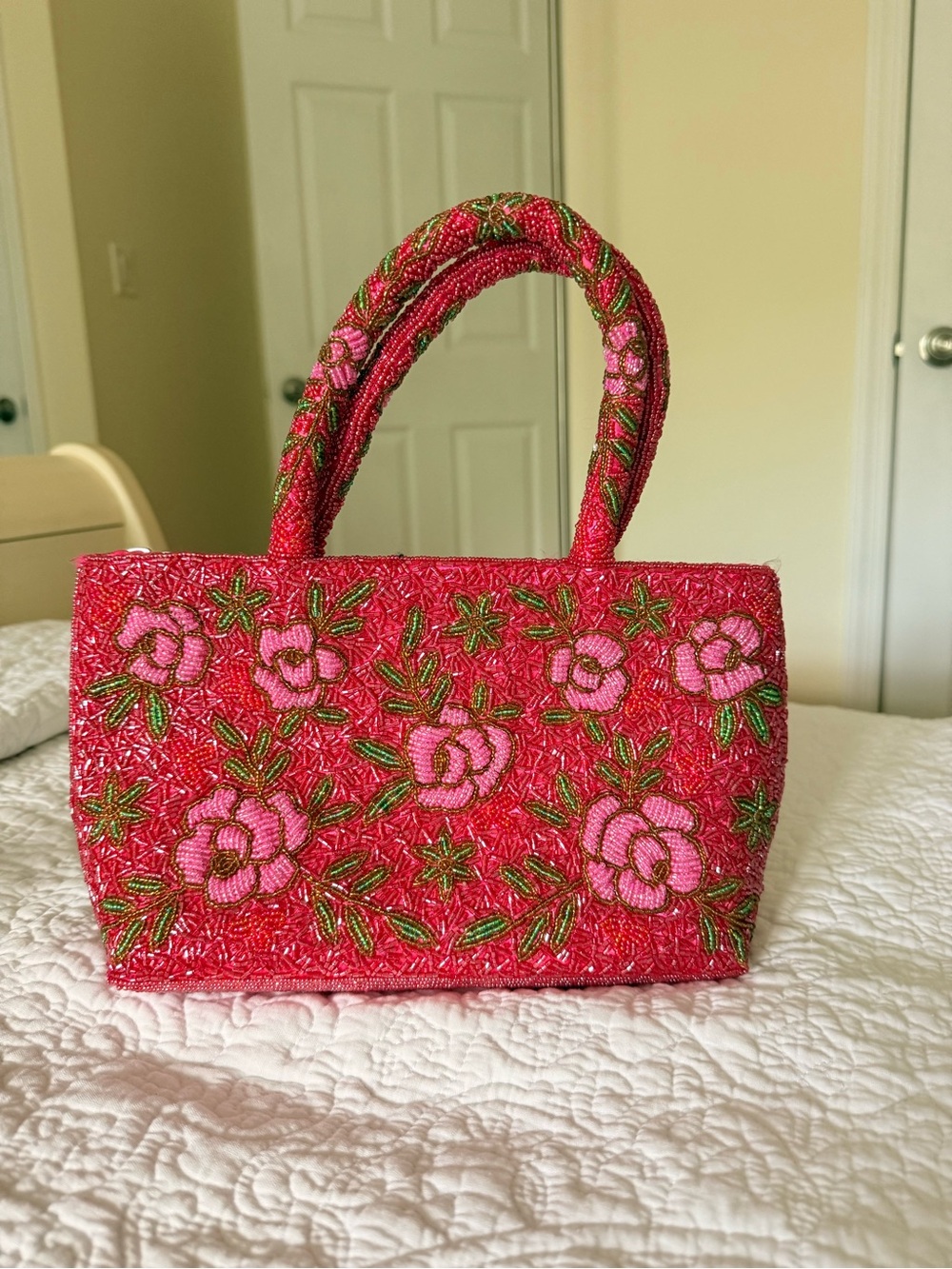 Beaded Pink Floral Tote Bag - Unbranded